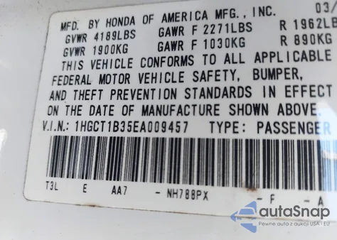 2014 Honda Accord Lx-S from USA, damaged, VIN 1HGCT1B35EA009457